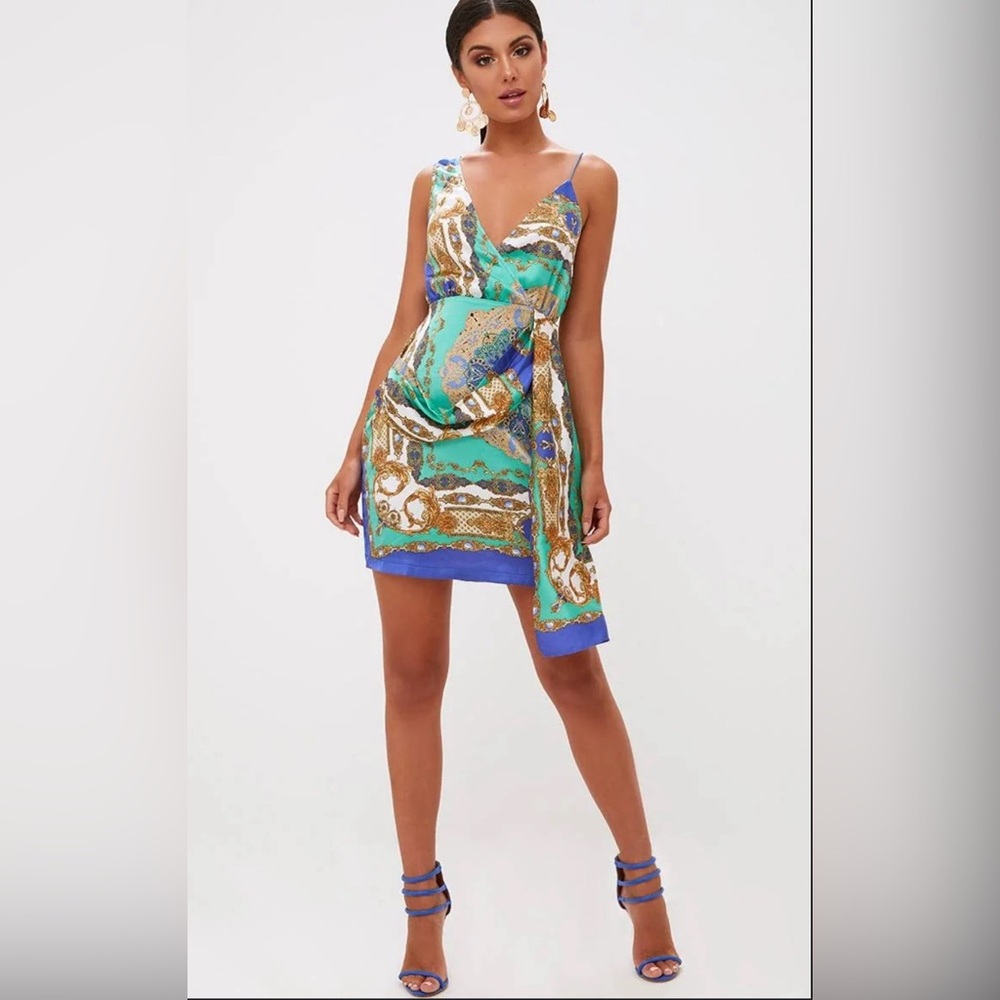 NWT💫 PLT Cobalt satin scarf print wrap print bodycon dress